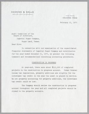 Primary view of object titled '[Letter from Haskins & Sells to Audit Committee of Imperial Sugar Company, February 21, 1975]'.