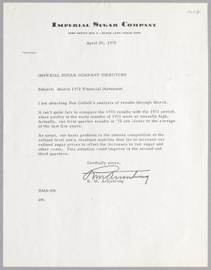 [Letter from R. M. Armstrong to Imperial Sugar Company Directors, April 20, 1972]