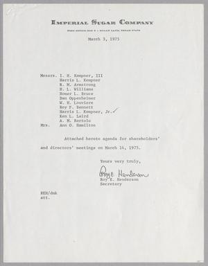 Primary view of object titled '[Letter from Roy E. Henderson to Directors of Imperial Sugar Company, March 3, 1975]'.