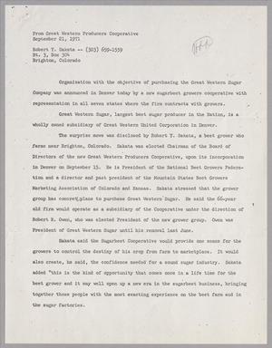 Primary view of object titled '[Letter from Great Western Producers Cooperative to Robert Y. Sakata, September 21, 1971]'.