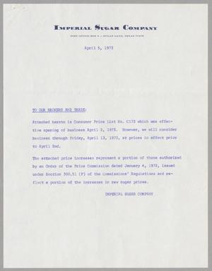 [Letter from Imperial Sugar Company, April 5, 1973]