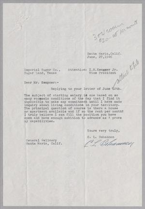 Primary view of object titled '[Letter from C. L. Bohannon to I. H. Kempner, Jr., June 27, 1946]'.