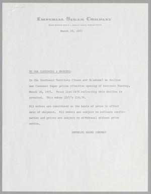 Primary view of object titled '[Letter from Imperial Sugar Company, March 18, 1975]'.