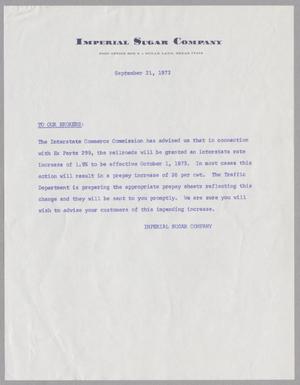 [Letter from Imperial Sugar Company, September 21, 1973]
