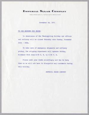 [Letter from Imperial Sugar Company, November 18, 1971]