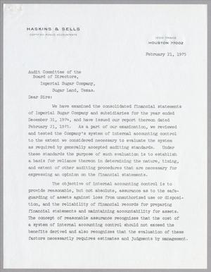 Primary view of object titled '[Letter from Haskins & Sells to Audit Committee of Imperial Sugar Company, February 21, 1975]'.
