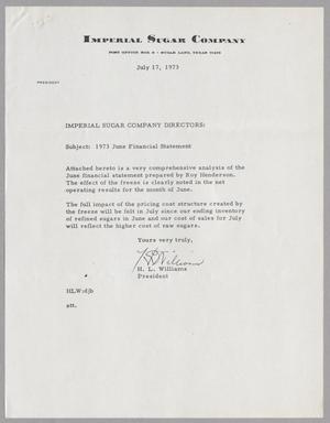 [Letter from H. L. Williams to Imperial Sugar Company Directors, July 17, 1973]