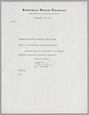 [Letter from H. L. Williams to Imperial Sugar Company Directors, December 18, 1973]