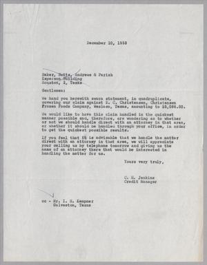Primary view of object titled '[Letter from C. H. Jenkins to Baker, Botts, Andrews, & Parish, December 10, 1953]'.