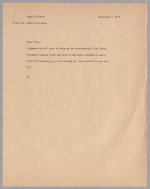 [Letter from Harris Kempner to Hugh Williams, December7, 1973]