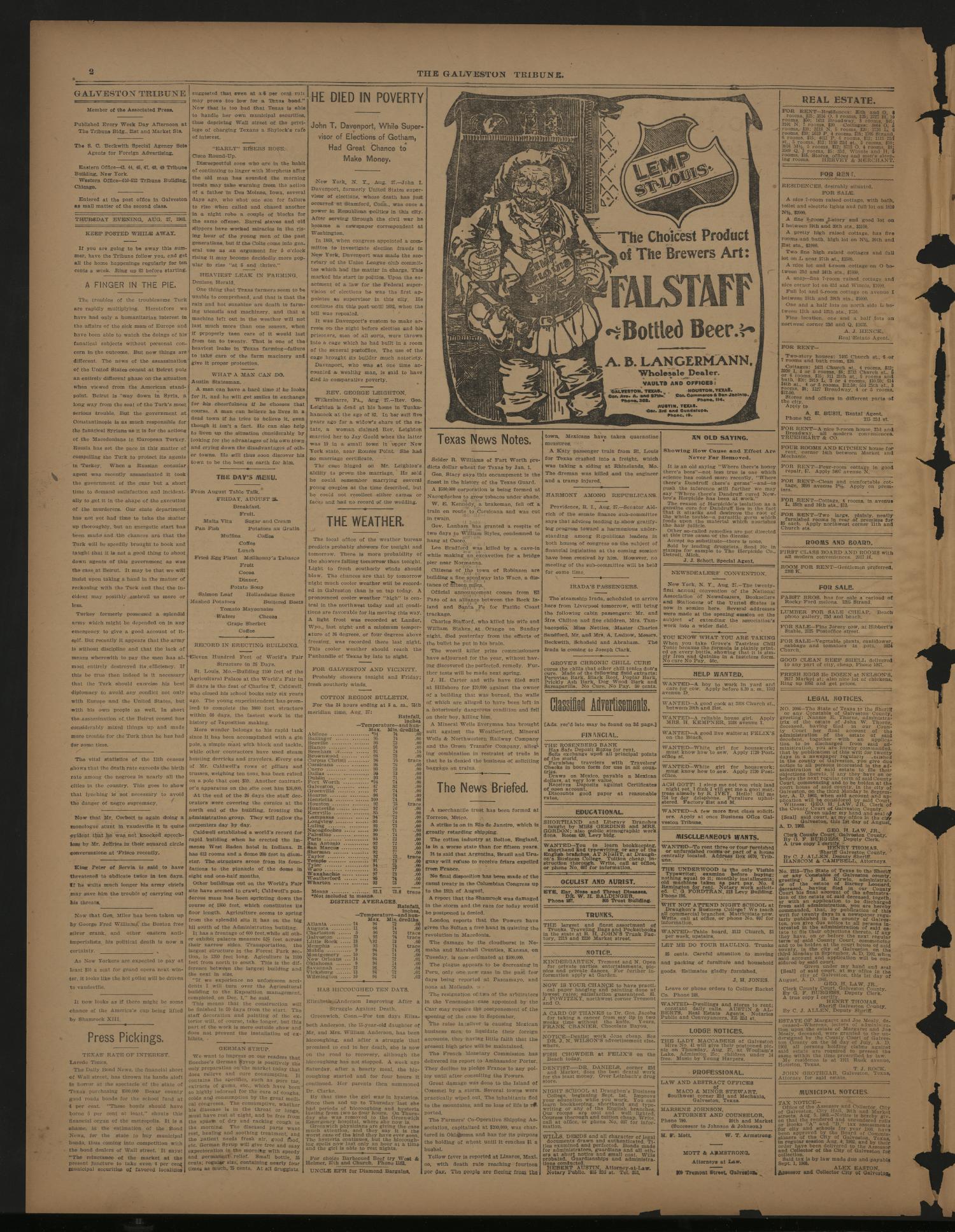 Galveston Tribune. (Galveston, Tex.), Vol. 23, No. 236, Ed. 1 Thursday, August 27, 1903
                                                
                                                    [Sequence #]: 2 of 4
                                                