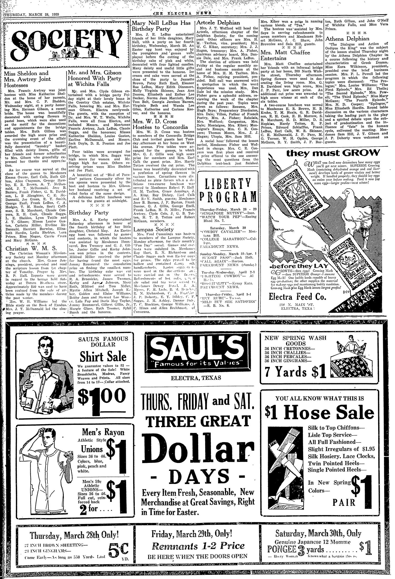 The Electra News (Electra, Tex.), Vol. 22, No. 31, Ed. 2 Thursday, March 28, 1929
                                                
                                                    [Sequence #]: 3 of 8
                                                