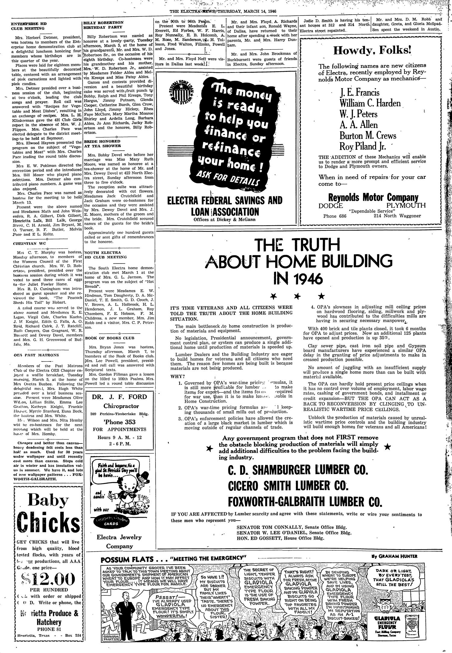 The Electra News (Electra, Tex.), Vol. 38, No. 27, Ed. 1 Thursday, March 14, 1946
                                                
                                                    [Sequence #]: 4 of 6
                                                