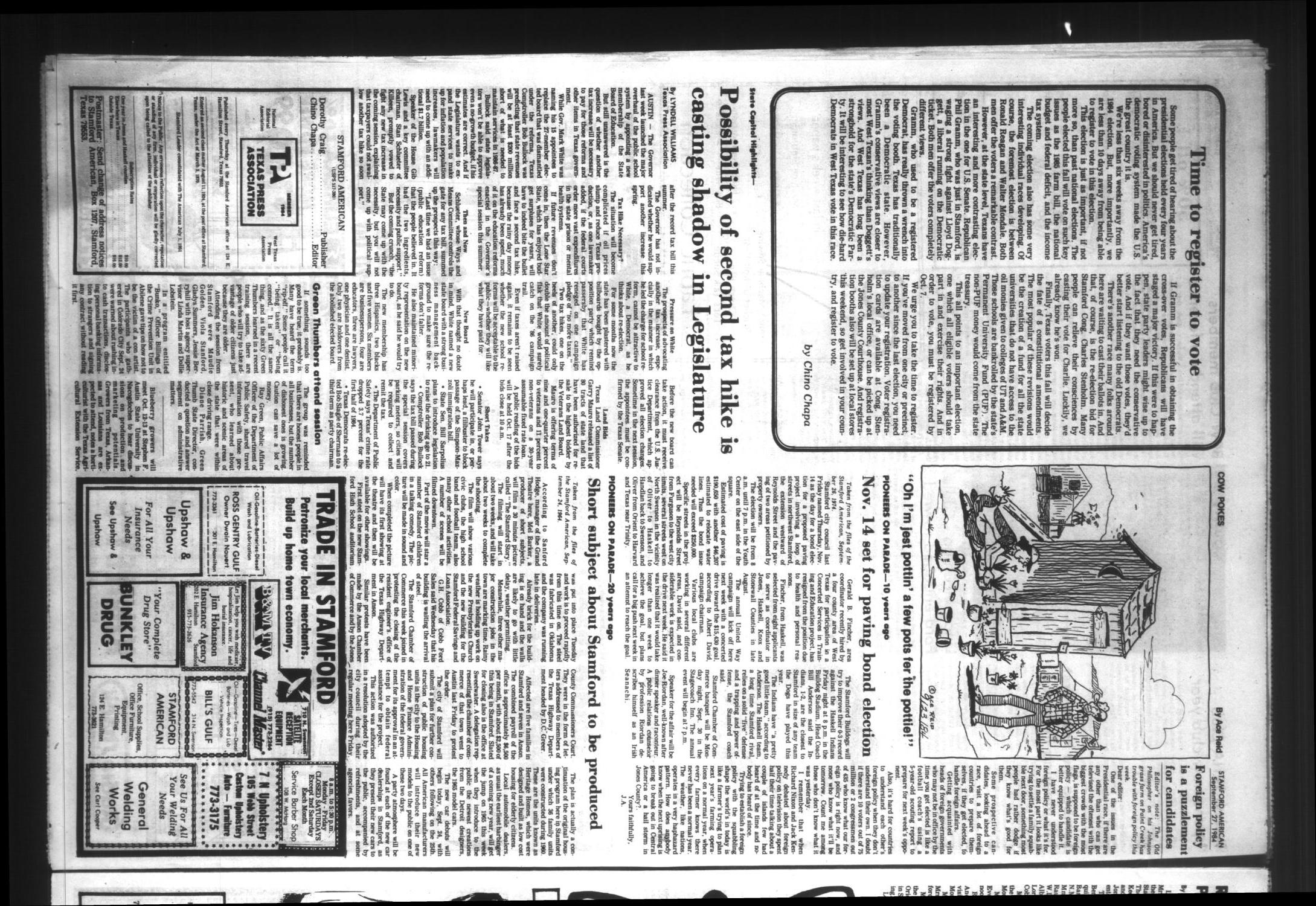 Stamford American (Stamford, Tex.), Vol. 63, No. 26, Ed. 1 Thursday, September 27, 1984
                                                
                                                    [Sequence #]: 4 of 30
                                                