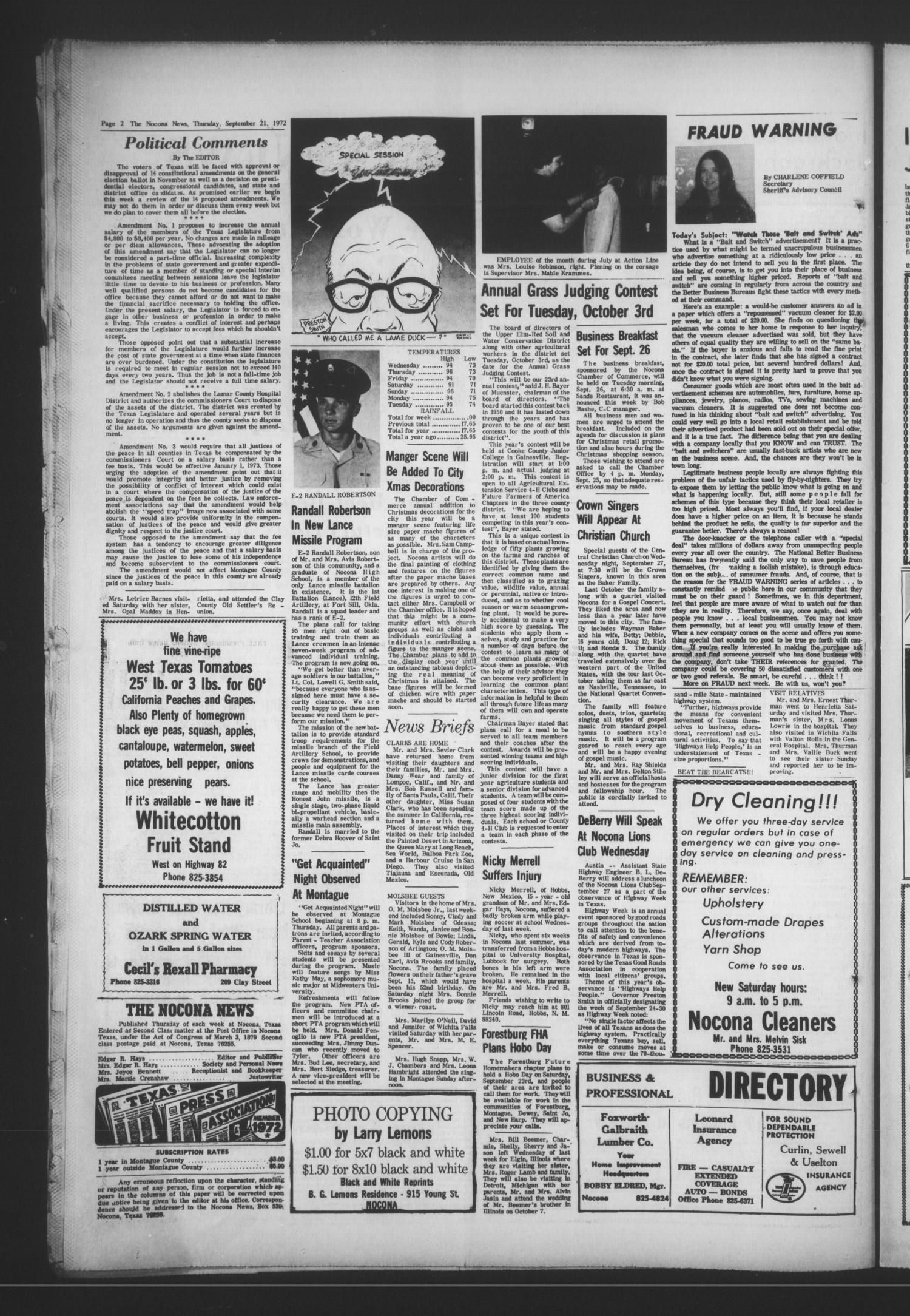 The Nocona News (Nocona, Tex.), Vol. 68, No. 17, Ed. 1 Thursday, September 21, 1972
                                                
                                                    [Sequence #]: 2 of 12
                                                