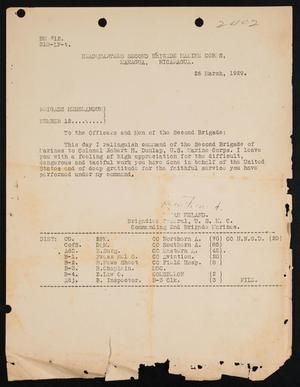 Primary view of object titled '[Memo regarding Second Marine Brigade's change of command, 29 March, 1929]'.