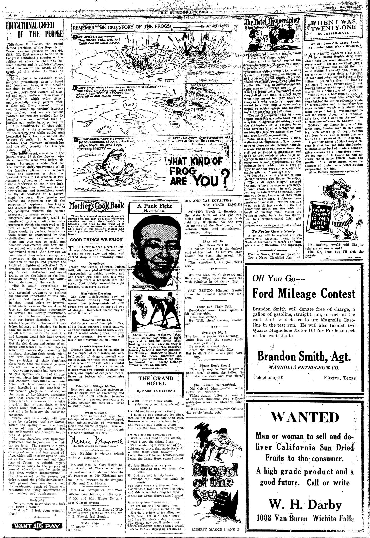 The Electra News (Electra, Tex.), Vol. 20, No. 48, Ed. 1 Tuesday, March 1, 1927
                                                
                                                    [Sequence #]: 4 of 8
                                                