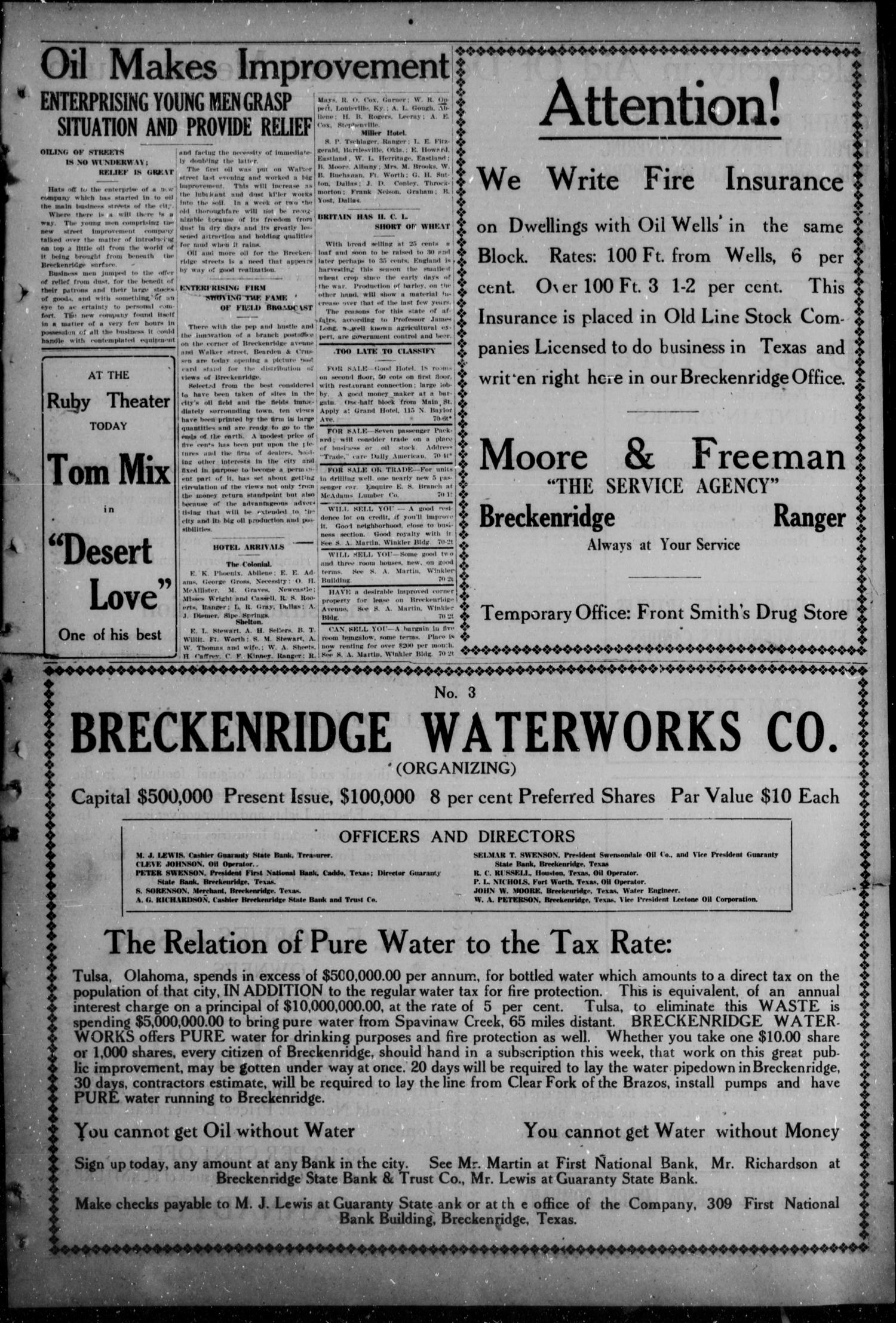 Breckenridge American (Breckenridge, Tex), Vol. 1, No. 70, Ed. 1, Saturday, September 18, 1920
                                                
                                                    [Sequence #]: 3 of 6
                                                