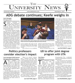 Primary view of object titled 'The University News (Irving, Tex.), Vol. 38, No. 8, Ed. 1 Tuesday, November 6, 2012'.