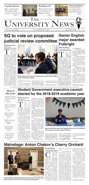 Primary view of object titled 'The University News (Irving, Tex.), Vol. 42, No. 13, Ed. 1 Wednesday, March 28, 2018'.