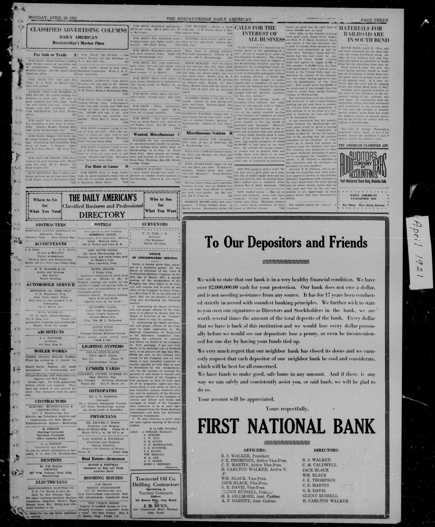 The Breckenridge Daily American (Breckenridge, Tex), Vol. 1, No. 250, Ed. 1, Monday, April 18, 1921
                                                
                                                    [Sequence #]: 3 of 4
                                                