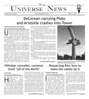 Primary view of object titled 'The University News (Irving, Tex.), Vol. 37, No. 20, Ed. 1 Tuesday, April 3, 2012'.