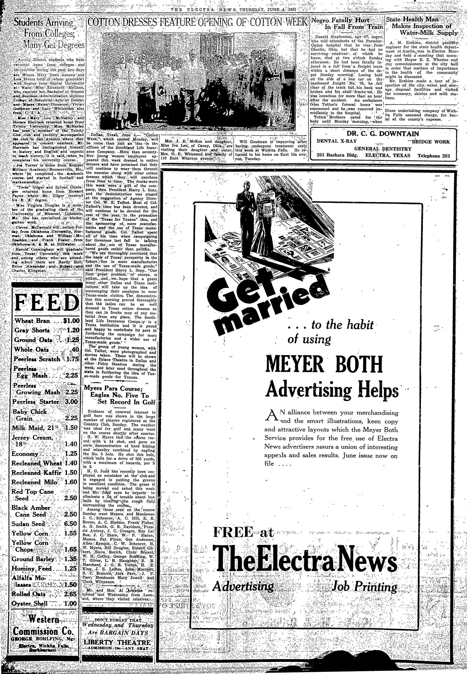 The Electra News (Electra, Tex.), Vol. 24, No. 39, Ed. 1 Thursday, June 4, 1931
                                                
                                                    [Sequence #]: 4 of 8
                                                