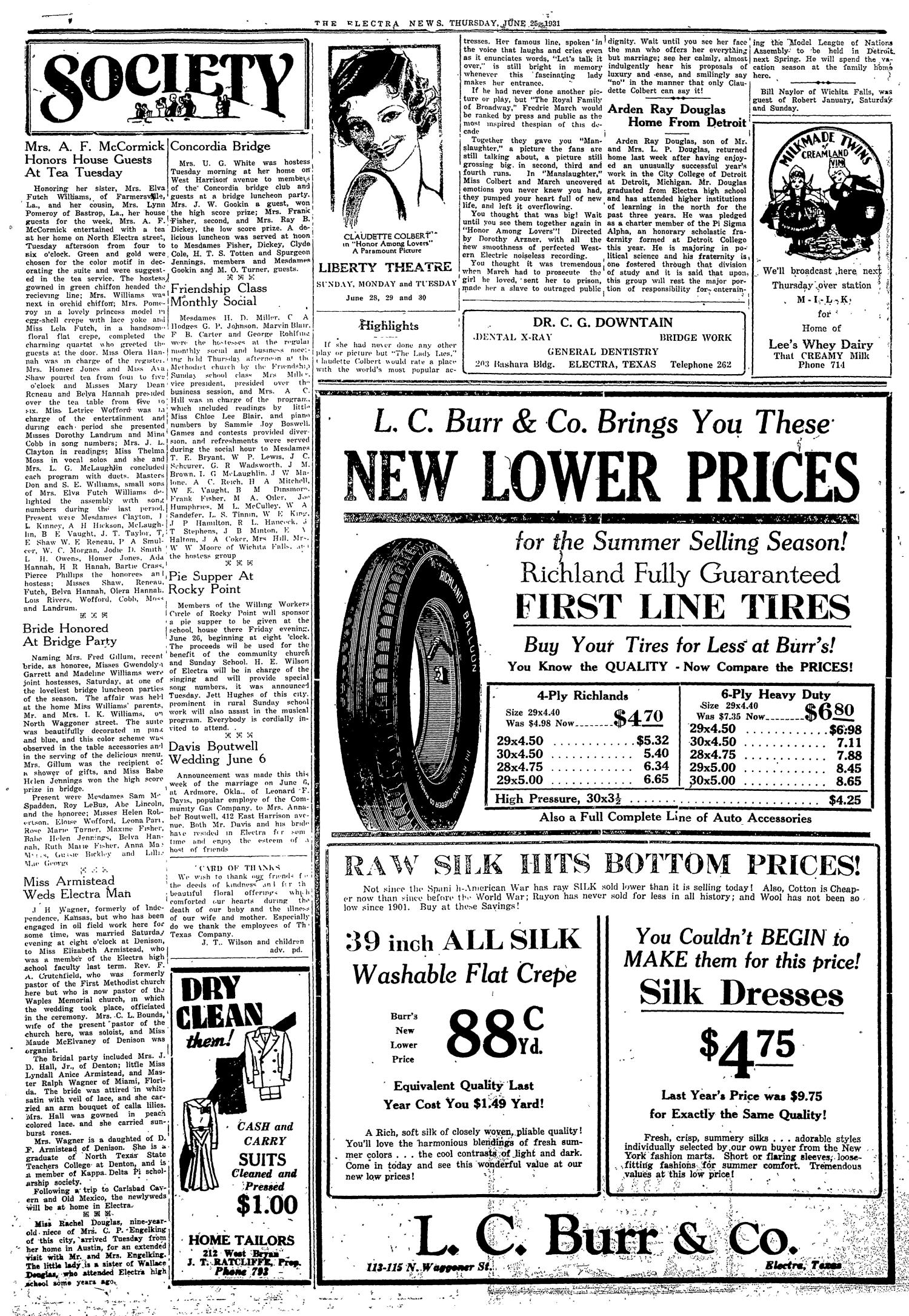 The Electra News (Electra, Tex.), Vol. 24, No. 42, Ed. 1 Thursday, June 25, 1931
                                                
                                                    [Sequence #]: 3 of 12
                                                