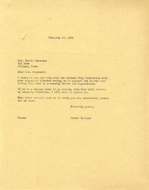 [Letter from Truett Latimer to Mrs. Harold Heussner, February 17, 1955]