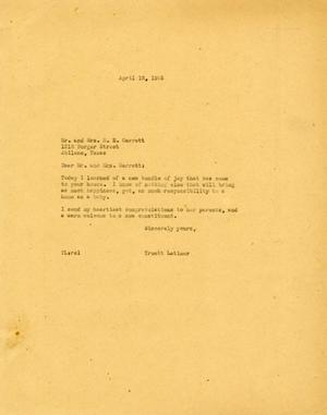 [Letter from Truett Latimer to Mr. and Mrs. H. E. Garrett, April 18, 1955]