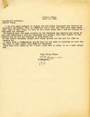 Primary view of object titled '[Letter from W. O. Higgins to Truett Latimer, April 10, 1955]'.