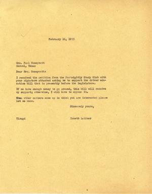[Letter from Truett Latimer to Mrs. Paul Honeycutt, February 16, 1955]
