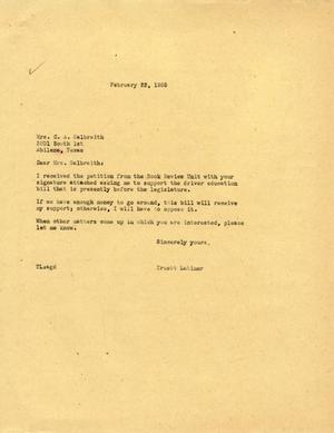 [Letter from Truett Latimer to Mrs. C. A. Galbraith, February 22, 1955]