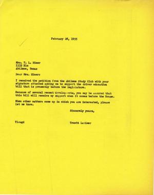 [Letter from Truett Latimer to Mrs. T. L. Hiner, February 28, 1955]
