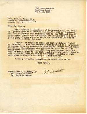Primary view of object titled '[Letter from W. A. Hawlett to Carlton Moore, Sr., March 16, 1955]'.