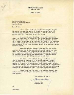 [Letter from Garnet Gracy to Truett Latimer, March 5, 1955]
