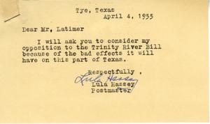 [Letter from Lula Hassey to Truett Latimer, April 4, 1955]