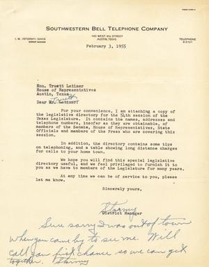 [Letter from I. W. Davis to Truett Latimer, February 3, 1955]