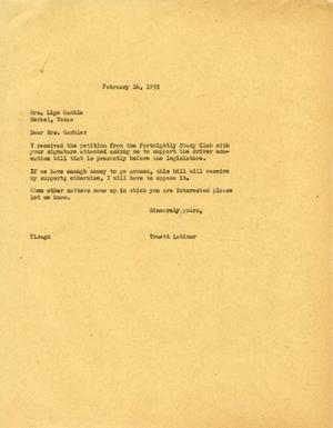 [Letter from Truett Latimer to Mrs. Lige Gamble, February 16, 1955]