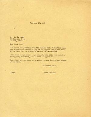 [Letter from Truett Latimer to Mrs. E. L. Ganey, February 17, 1955]