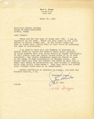 [Letter from Roy L. Duke to Truett Latimer, March 21, 1955]