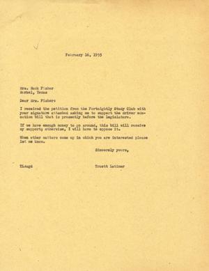 [Letter from Truett Latimer to Mrs. Mac Fisher, February 16, 1955]