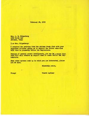 [Letter from Truett Latimer to Mrs. L. W. Hilgenberg, February 28, 1955]
