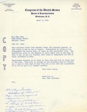 [Letter from Omar Burleson to Truett Latimer, April 5, 1955]