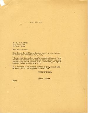 [Letter from Truett Latimer to A. F. Glasman, April 19, 1955]