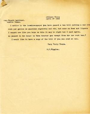 [Letter from W. O. Higgins to Truett Latimer, April 27, 1955]