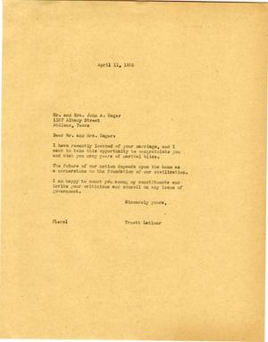 [Letter from Truett Latimer to Mr. and Mrs. John A. Hegar, April 11, 1955]