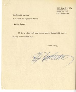 [Letter from R. B. Henderson to Truett Latimer, March 22, 1955]