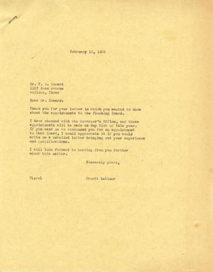 [Letter from Truett Latimer to F. H. Howard, February 16, 1955]