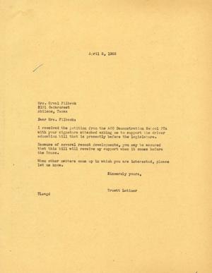 [Letter from Truett Latimer to Mrs. Orval Filbeck, April 5, 1955]